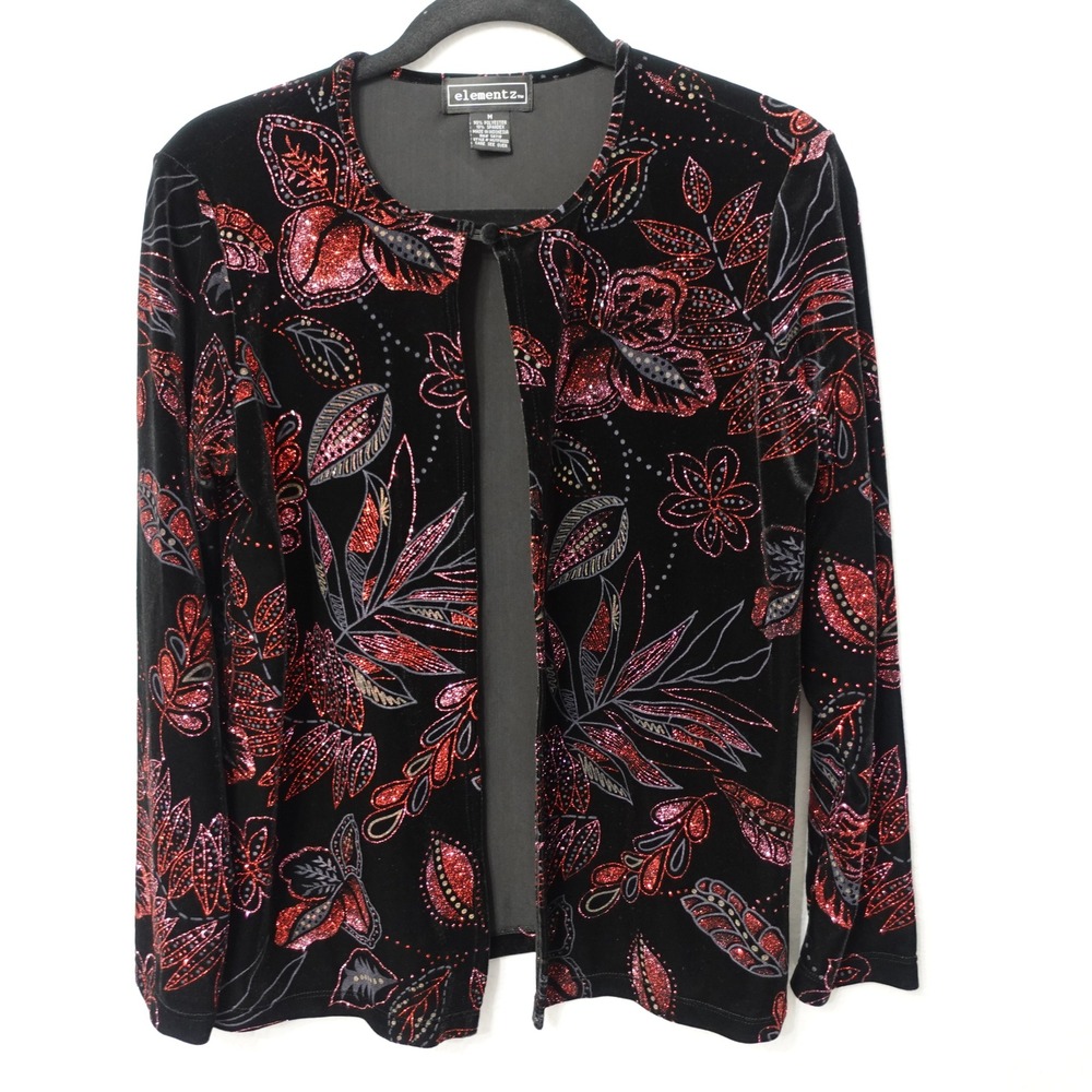 Vintage 90s Red Glitter Floral Velvet Cardigan Top Black Red Open Whimsigoth Med